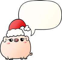 cartoon pig wearing christmas hat and speech bubble in smooth gradient style vector