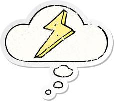 cartoon lightning and thought bubble as a distressed worn sticker vector