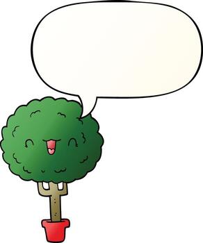 caricatura, árbol feliz, y, burbuja del discurso, en, suave, gradiente, estilo vector