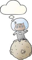 lindo gato astronauta de dibujos animados y burbuja de pensamiento en estilo degradado suave vector