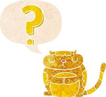 cartoon cat with question mark and speech bubble in retro textured style vector