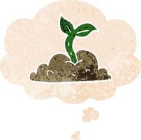 cartoon growing seedling and thought bubble in retro textured style vector