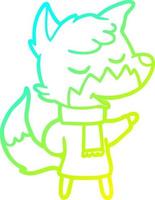 cold gradient line drawing friendly cartoon fox in winter clothes vector