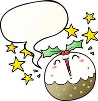 cute cartoon happy christmas pudding and speech bubble in smooth gradient style vector
