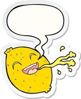 cartoon squirting lemon and speech bubble sticker vector