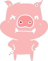 angry flat color style cartoon pig vector