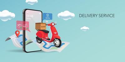 Fast delivery by scooter on mobile. E-commerce concept. Online food order infographic. Webpage, app design. Perspective vector