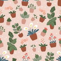 patrón vectorial sin costuras con plantas de interior dibujadas a mano en macetas. colores rosa pastel de moda. flores de fideos - orquídeas y cactus. vector