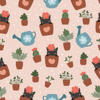 Seamless pattern with houseplants. Cute funny cartoon cats in flowers pots. Home gardening. Hand drawn doodle plants - cactus, succulent and tree. vector