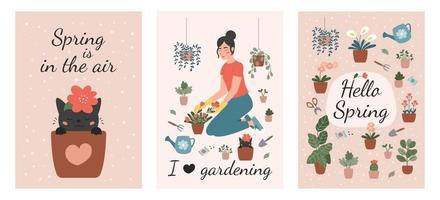 Set of spring gardening greeting cards. Cute cartoon cat in flower pot. Plant lady with flowers, watering can and garden tools. Vector flat illustration collection.