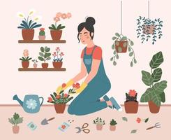 una mujer está plantando flores en macetas en casa. la chica se dedica a la jardinería. ilustración plana vectorial dibujada a mano. acogedor interior de estilo escandinavo. lindo gato en maceta. jungla urbana. vector