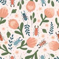 Spring floral seamless pattern with protea and stag beetles. Hand drawn doodle flowers, plants and insects. Trendy pastel colors. vector