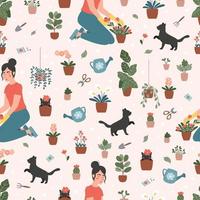 patrón transparente de vector de jardinería. la mujer está plantando flores y plantas en macetas. lindos gatos negros de dibujos animados. ilustración vectorial de primavera.