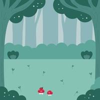 Green forest background. Nature landscape with trees, bushes and mushrooms. Nature scene. Cartoon flat style vector illustration.