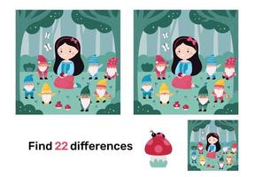 Educational game for children. Find differences. Snow White and seven dwarfs fairy tale. Kawaii cartoon characters. Puzzle for kids. Vector illustration.