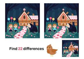 Hansel and Gretel, cartoon candy house with witch. Find differences. Educational game for children. Puzzle for kids. Vector illustration.