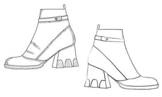 dibujo boceto de la silueta de los zapatos de mujer, botas, botines. estilo de línea y trazos de pincel vector