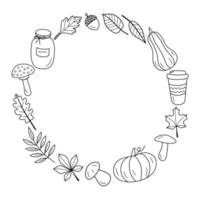Round frame with autumn elements in black. vector