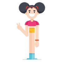 Cute happy girl is standing and showing victory sign. Flat design teen girl character, isolated on a white backgroud. vector