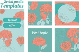 Social media background templates peony flowers hand-drawn vector