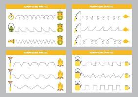 Set of tracing lines worksheets with camping elements. Writing practice. vector