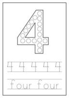 Learning numbers for kids. Number four. Math worksheet. vector