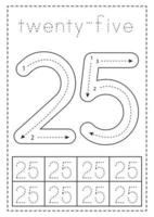 Tracing number twenty five. Preschool worksheet. Black and white. vector