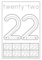 Tracing number twenty two. Preschool worksheet. Black and white. vector