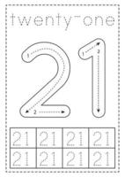 Tracing number twenty one. Preschool worksheet. Black and white. vector