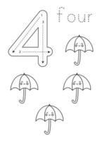 Flashcard number 4. Preschool worksheet. Black and white cute umbrellas. vector