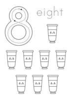 Flashcard number 8. Preschool worksheet. Black and white paint tubes. vector