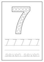Learning numbers for kids. Number seven. Math worksheet. vector