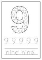 Learning numbers for kids. Number nine. Math worksheet. vector