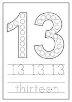 Learning numbers for kids. Number thirteen. Math worksheet. vector