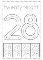 Tracing number twenty eight. Preschool worksheet. Black and white. vector