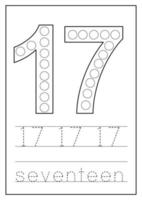 Learning numbers for kids. Number seventeen. Math worksheet. vector