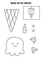 Build a unicorn ice cream. Cut and glue parts of picture. Black and white worksheet. vector