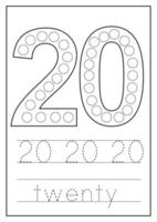 Learning numbers for kids. Number twenty. Math worksheet. vector