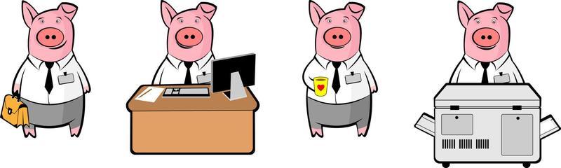 Set of cartoon pigs in the office.
