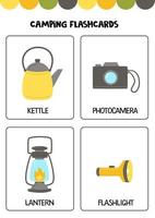 Cute camping elements with names. Flashcards for children. vector