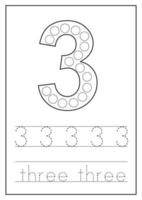 Learning numbers for kids. Number three. Math worksheet. vector