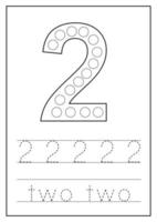 Learning numbers for kids. Number two. Math worksheet. vector