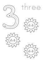 Flashcard number 3. Preschool worksheet. Black and white cute sun. vector