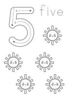 Flashcard number 5. Preschool worksheet. Black and white cute suns. vector