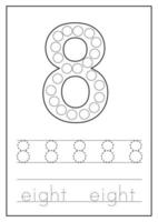 Learning numbers for kids. Number eight. Math worksheet. vector