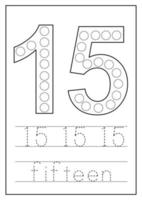 Learning numbers for kids. Number fifteen. Math worksheet. vector