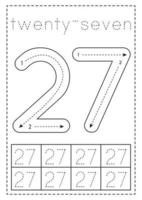 Tracing number twenty seven. Preschool worksheet. Black and white. vector