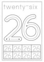 Tracing number twenty six. Preschool worksheet. Black and white. vector