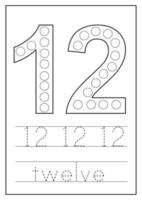 Learning numbers for kids. Number twelve. Math worksheet. vector