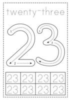 Tracing number twenty three. Preschool worksheet. Black and white. vector